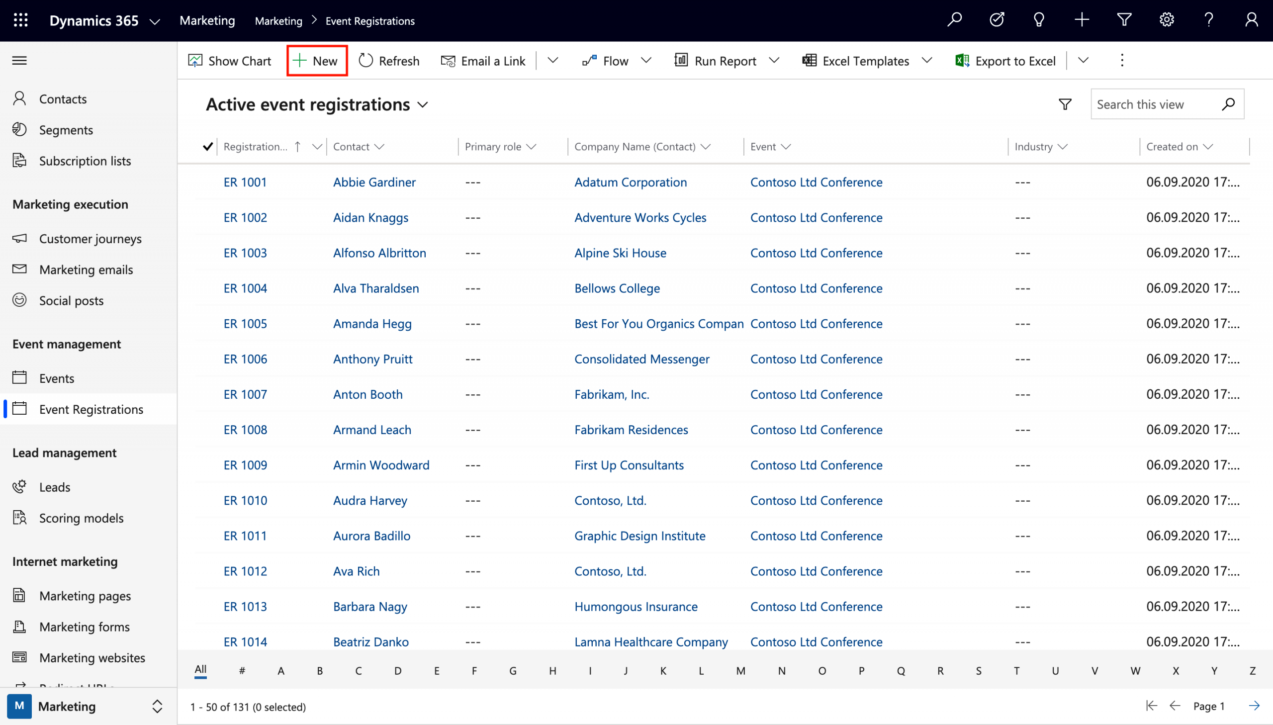 Create a new event registration